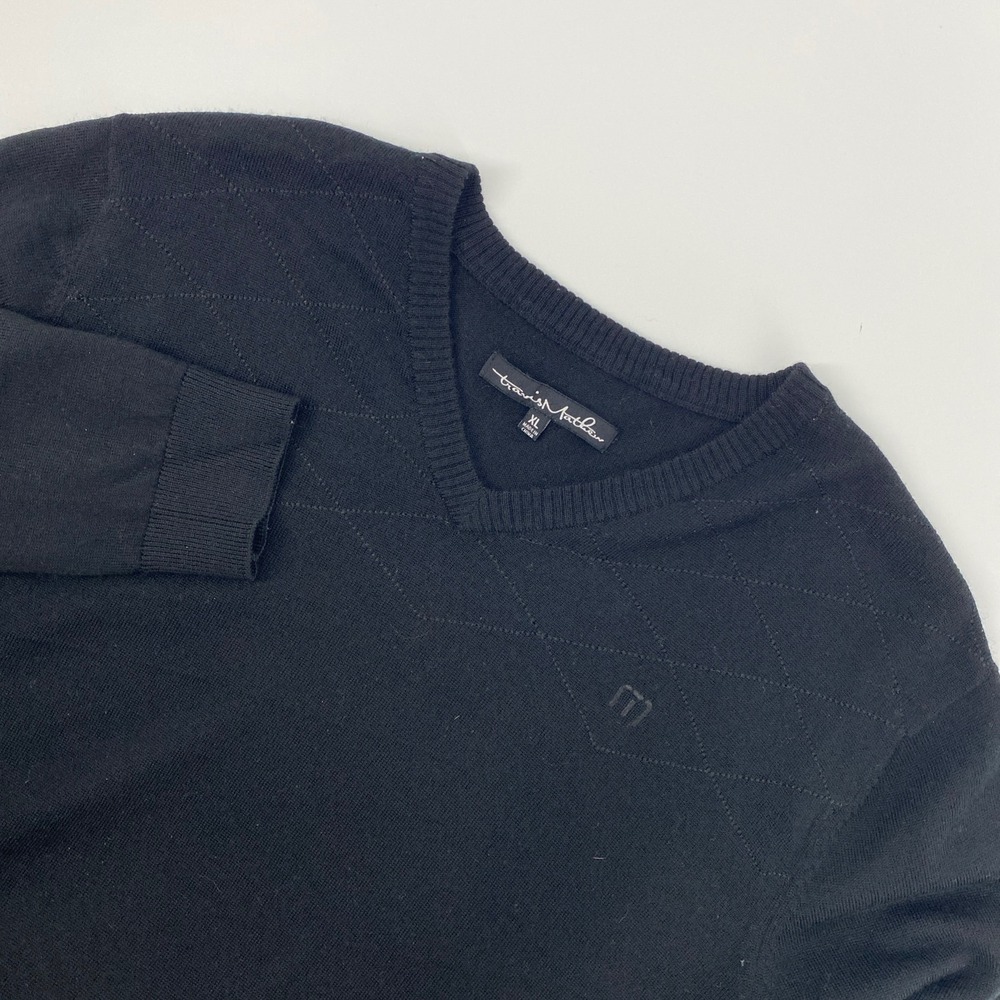 Travis Mathew V Neck Sweater Mens XL Black Merino‎ Wool Blend Diamond Knit Golf